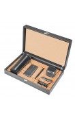 Hopa-S hediyelik set siyah 450 ml French Press termos 10000 mAh powerbank Bluetooth hoparlör metal roller kalem fener çakı ve deri kutu